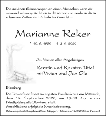 Anzeige  Marianne Reker  Lippische Landes-Zeitung
