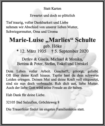 Anzeige  Marie-Luise Schulte  Lippische Landes-Zeitung