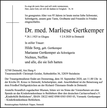 Anzeige  Marliese Gertkemper  Lippische Landes-Zeitung