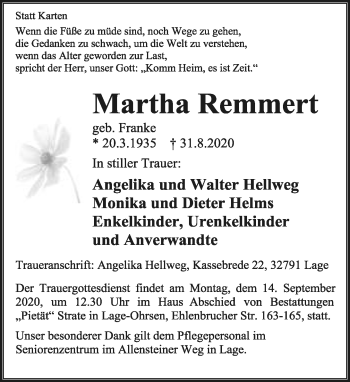 Anzeige  Martha Remmert  Lippische Landes-Zeitung