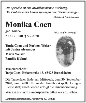 Anzeige  Monika Coen  Lippische Landes-Zeitung