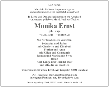 Anzeige  Monika Ernst  Lippische Landes-Zeitung