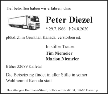 Anzeige  Peter Diezel  Lippische Landes-Zeitung