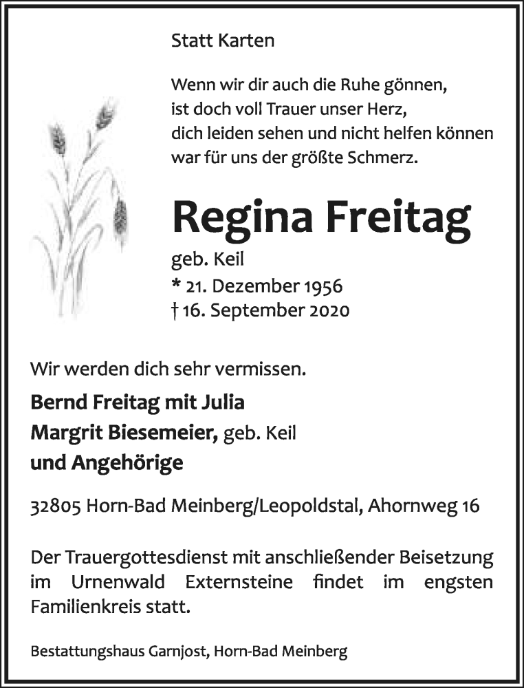  Traueranzeige für Regina Freitag vom 19.09.2020 aus Lippische Landes-Zeitung
