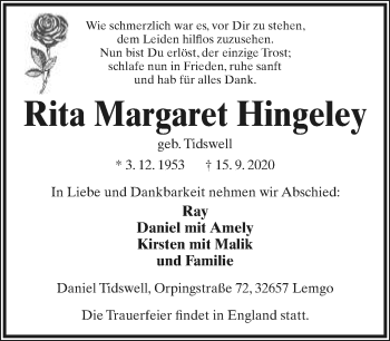 Anzeige  Rita Margaret Hingeley  Lippische Landes-Zeitung