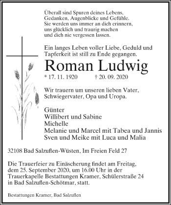 Anzeige  Roman Ludwig  Lippische Landes-Zeitung