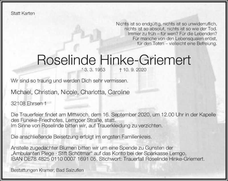  Traueranzeige für Roselinde Hinke-Griemert vom 15.09.2020 aus Lippische Landes-Zeitung