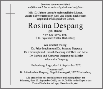 Anzeige  Rosina Despang  Lippische Landes-Zeitung