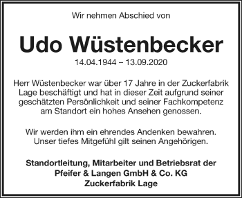 Anzeige  Udo Wüstenbecker  Lippische Landes-Zeitung