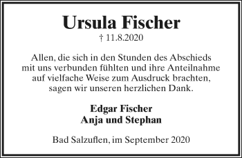 Anzeige  Ursula Fischer  Lippische Landes-Zeitung