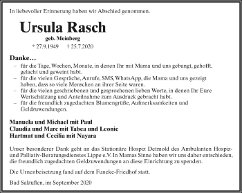 Anzeige  Ursula Rasch  Lippische Landes-Zeitung
