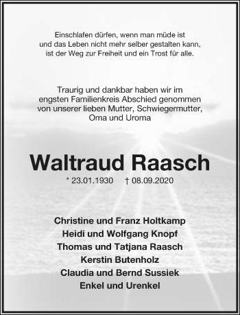 Anzeige  Waltraud Raasch  Lippische Landes-Zeitung