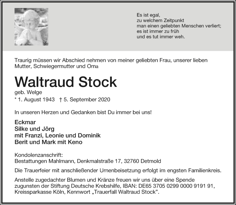  Traueranzeige für Waltraud Stock vom 12.09.2020 aus Lippische Landes-Zeitung