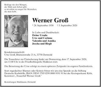 Anzeige  Werner Groß  Lippische Landes-Zeitung