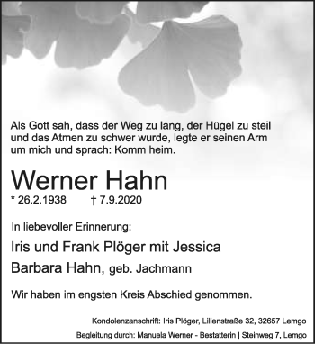 Anzeige  Werner Hahn  Lippische Landes-Zeitung
