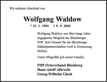 Anzeige  Wolfgang Waldow  Lippische Landes-Zeitung