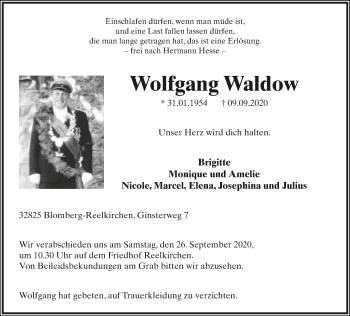 Anzeige  Wolfgang Waldow  Lippische Landes-Zeitung