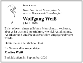 Anzeige  Wolfgang Weiß  Lippische Landes-Zeitung