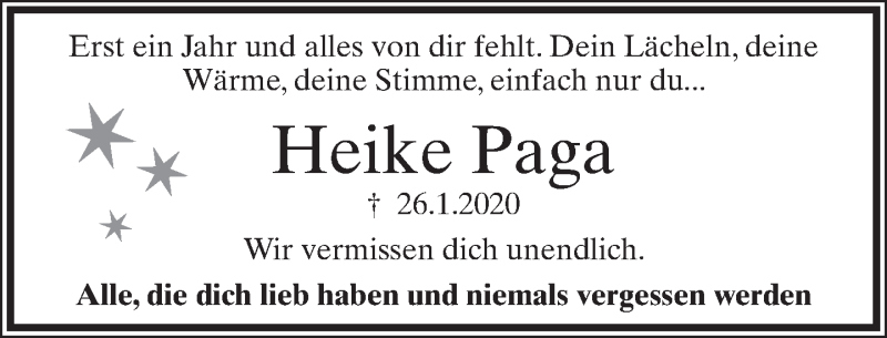  Traueranzeige für Heike Paga vom 26.01.2021 aus Lippische Landes-Zeitung