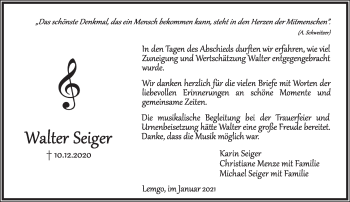 Anzeige  Walter Seiger  Lippische Landes-Zeitung