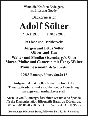 Anzeige  Adolf Sölter  Lippische Landes-Zeitung