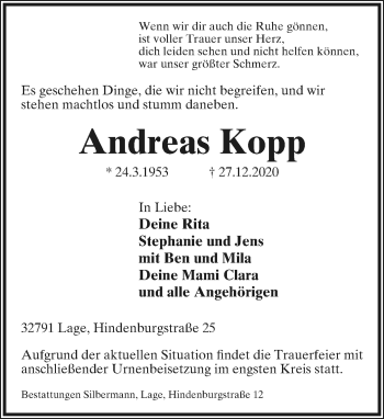 Anzeige  Andreas Kopp  Lippische Landes-Zeitung