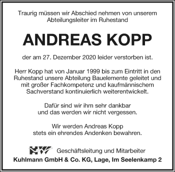 Anzeige  Andreas Kopp  Lippische Landes-Zeitung