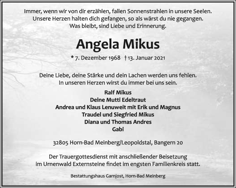  Traueranzeige für Angela Mikus vom 16.01.2021 aus Lippische Landes-Zeitung