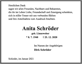 Anzeige  Anita Schröder  Lippische Landes-Zeitung