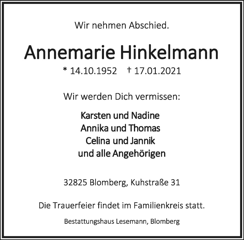  Traueranzeige für Annemarie Hinkelmann vom 23.01.2021 aus Lippische Landes-Zeitung