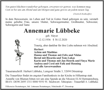 Anzeige  Annemarie Lübbeke  Lippische Landes-Zeitung