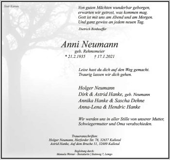 Anzeige  Anni Neumann  Lippische Landes-Zeitung
