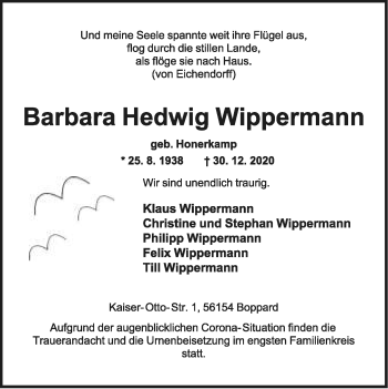 Anzeige  Barbara Hedwig Wippermann  Lippische Landes-Zeitung