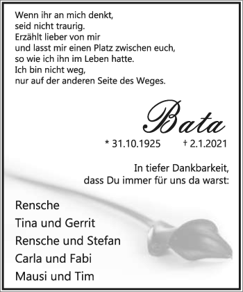 Anzeige  Magdalena (Bata) Wagner  Lippische Landes-Zeitung