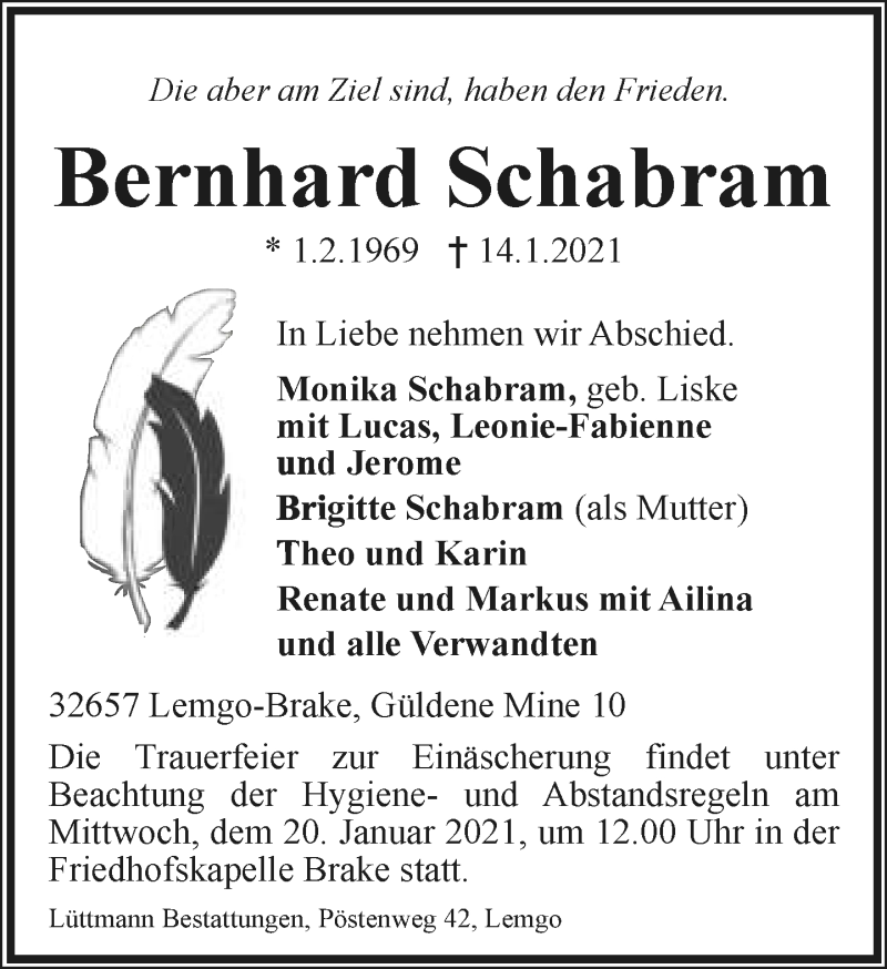  Traueranzeige für Bernhard Schabram vom 16.01.2021 aus Lippische Landes-Zeitung