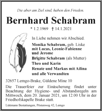 Anzeige  Bernhard Schabram  Lippische Landes-Zeitung