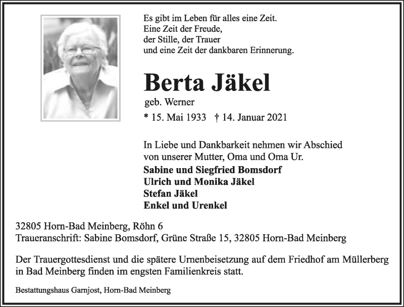  Traueranzeige für Berta Jäkel vom 16.01.2021 aus Lippische Landes-Zeitung