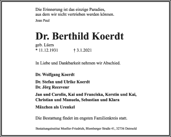 Anzeige  Berthild Koerdt  Lippische Landes-Zeitung