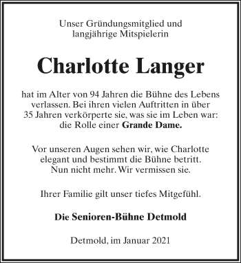 Anzeige  Charlotte Langer  Lippische Landes-Zeitung
