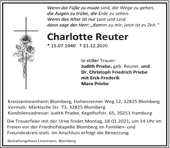 Anzeige  Charlotte Reuter  Lippische Landes-Zeitung