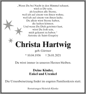 Anzeige  Christa Hartwig  Lippische Landes-Zeitung