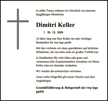 Anzeige  Dimitri Keller  Lippische Landes-Zeitung