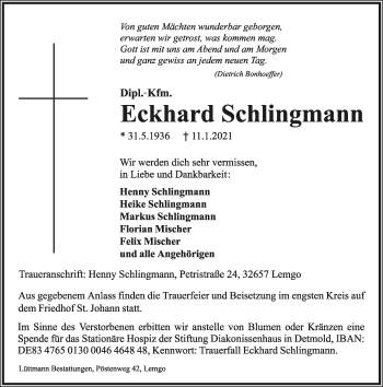 Anzeige  Eckhard Schlingmann  Lippische Landes-Zeitung