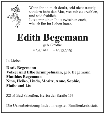 Anzeige  Edith Begemann  Lippische Landes-Zeitung