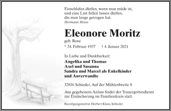 Anzeige  Eleonore Moritz  Lippische Landes-Zeitung