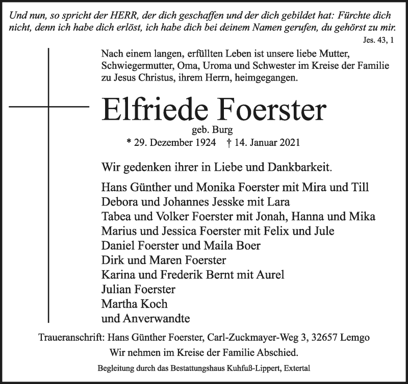  Traueranzeige für Elfriede Foerster vom 16.01.2021 aus Lippische Landes-Zeitung