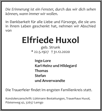 Anzeige  Elfriede Huxol  Lippische Landes-Zeitung
