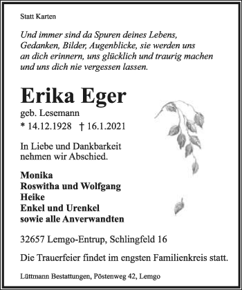 Anzeige  Erika Eger  Lippische Landes-Zeitung