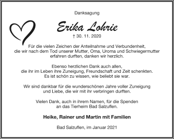 Anzeige  Erika Lohrie  Lippische Landes-Zeitung