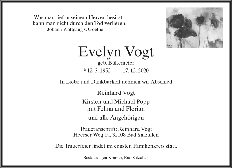  Traueranzeige für Evelyn Vogt vom 02.01.2021 aus Lippische Landes-Zeitung
